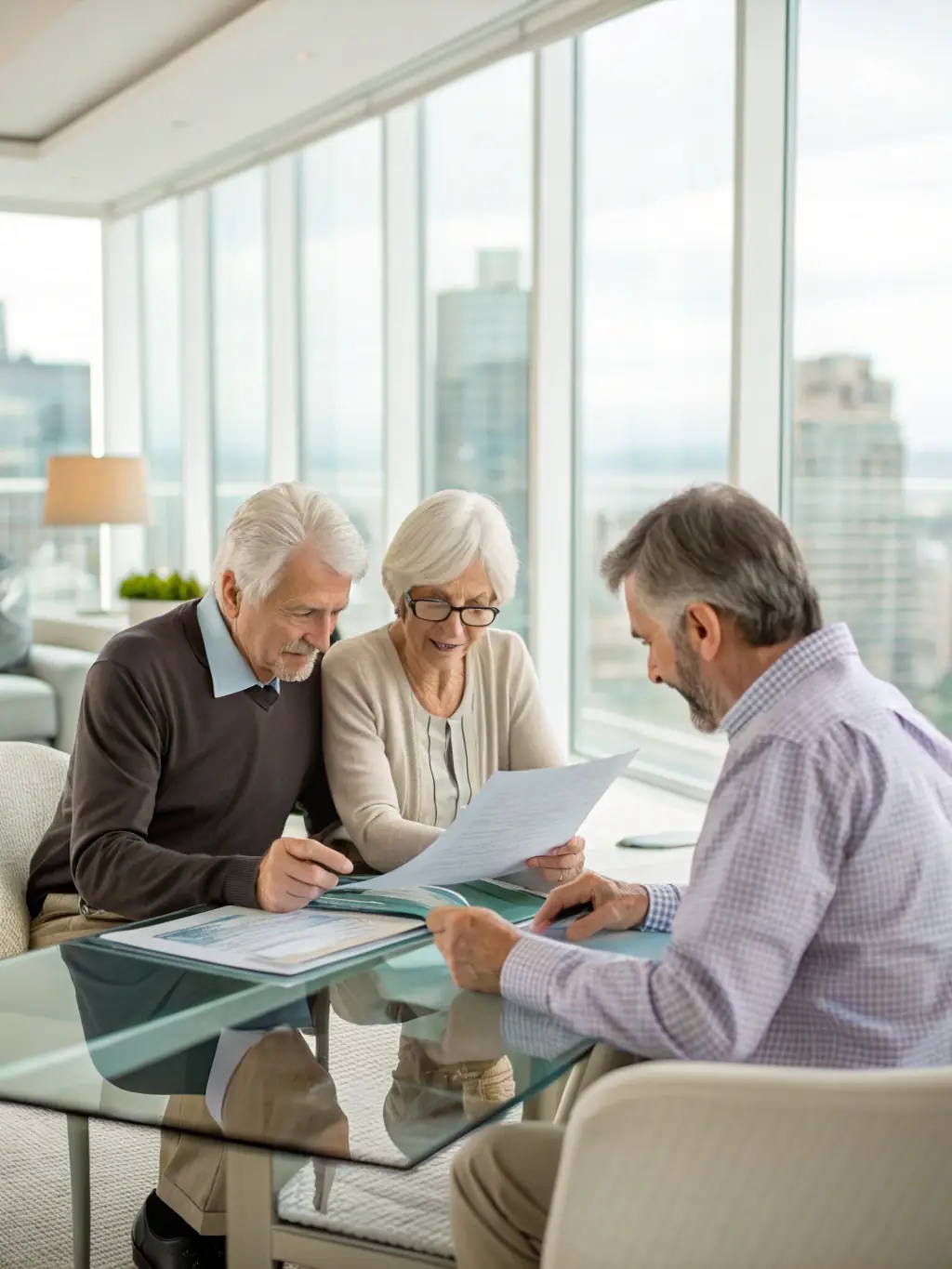 A senior Canadian couple smiling and relaxed, discussing their retirement plan with a financial advisor in a bright, modern office setting. They are reviewing documents related to their pension plan.
