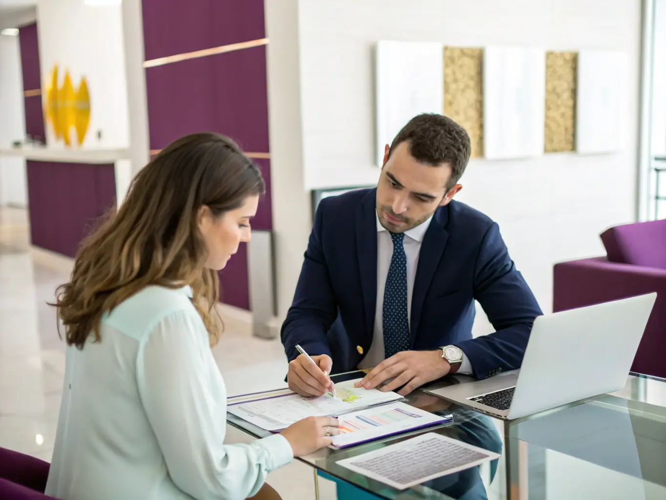 A Canadian financial advisor explaining pension plan options to a client in a modern office setting, with a focus on retirement planning.