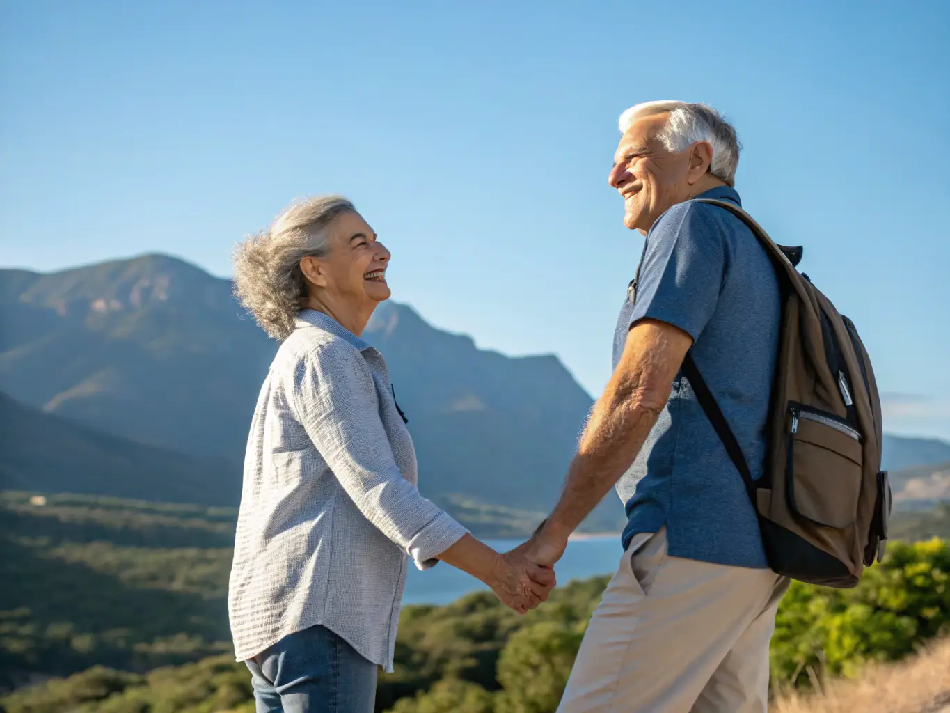 A senior Canadian couple smiling and relaxing by a lake, symbolizing a happy and secure retirement, with mountains in the background.