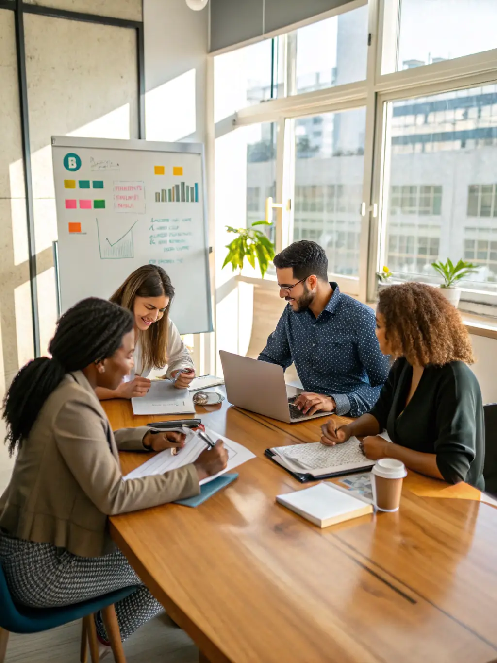 A group of employees discussing their retirement options, including Group RRSPs, in a corporate boardroom.