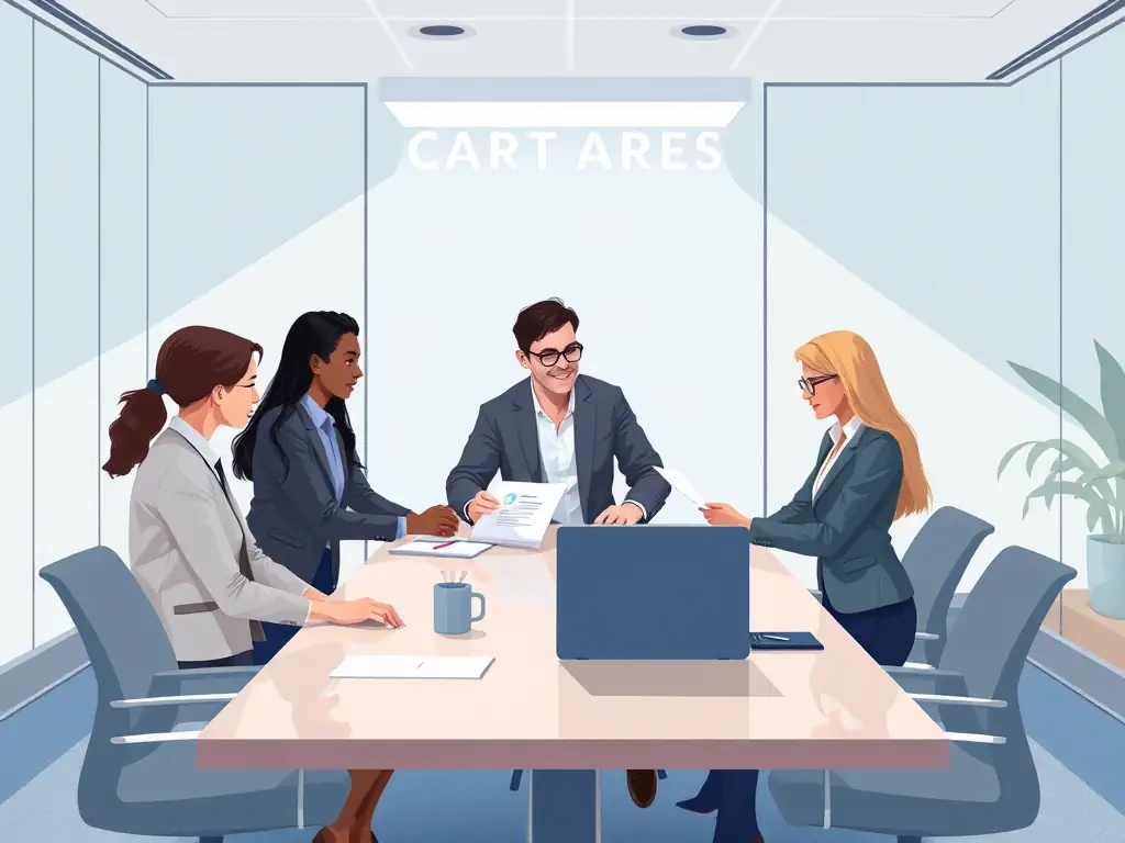 A diverse group of Canadians discussing investment strategies with a financial advisor in a modern office setting, highlighting the collaborative approach to retirement planning.