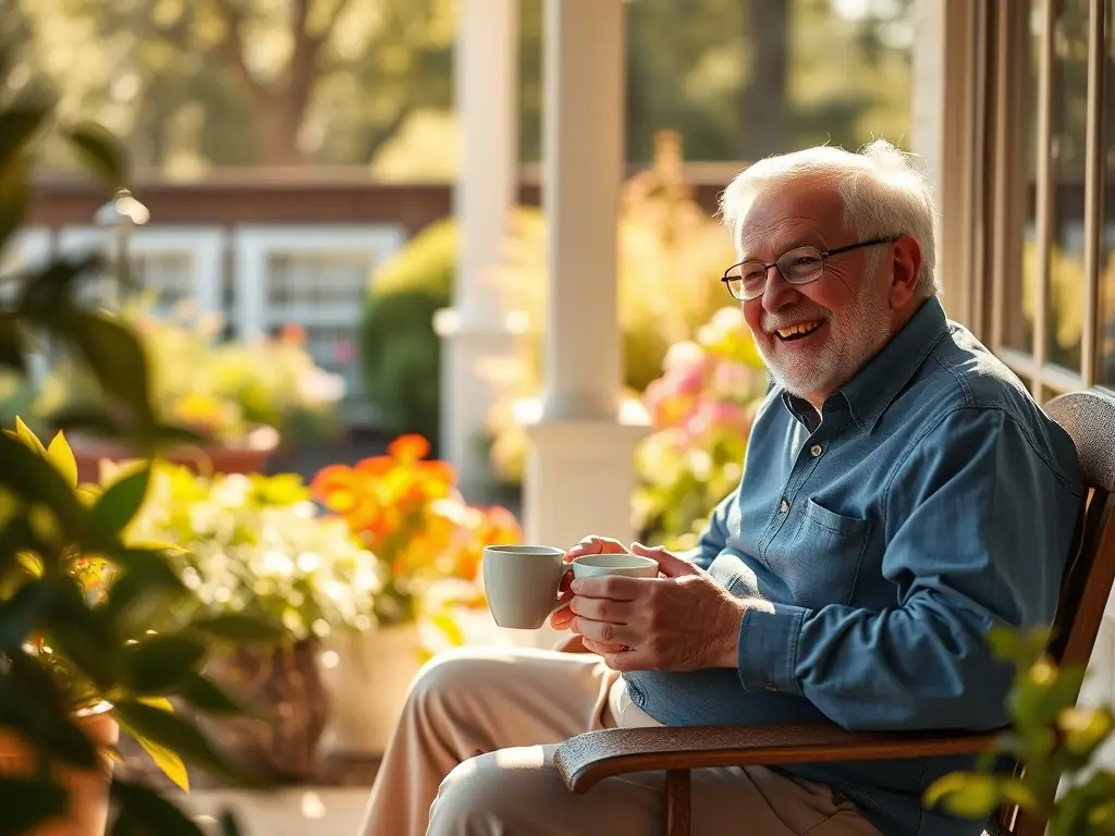 A Canadian senior couple smiling and relaxed, sitting on their porch, enjoying their retirement savings, with a well-maintained garden in the background, symbolizing financial security and peace of mind.