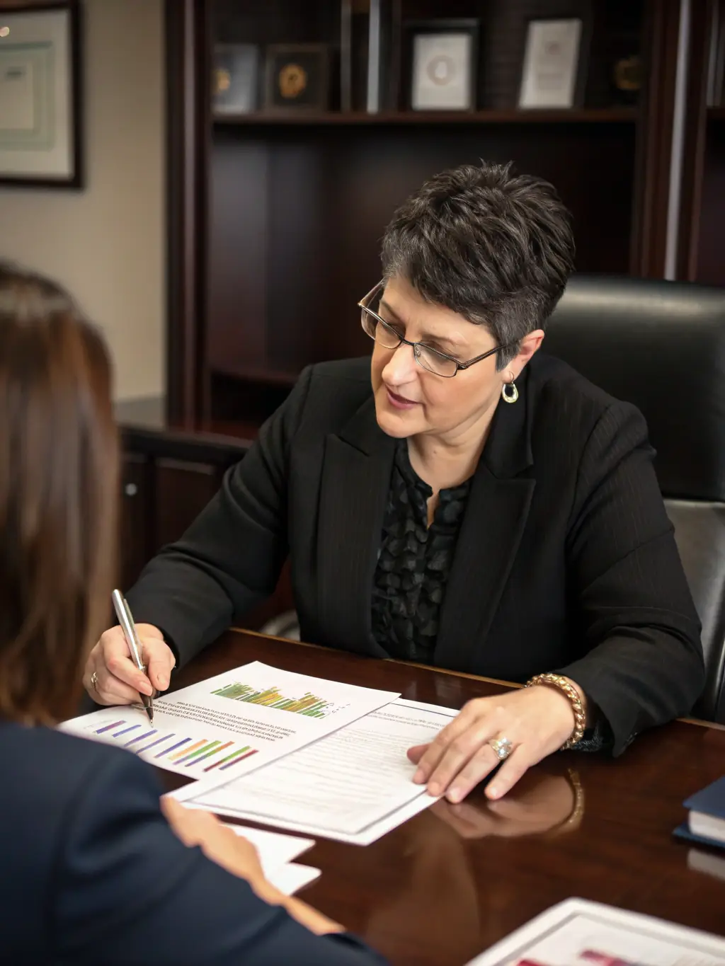 A professional advisor explaining the benefits of a Defined Benefit Pension Plan to a client in a modern office setting.
